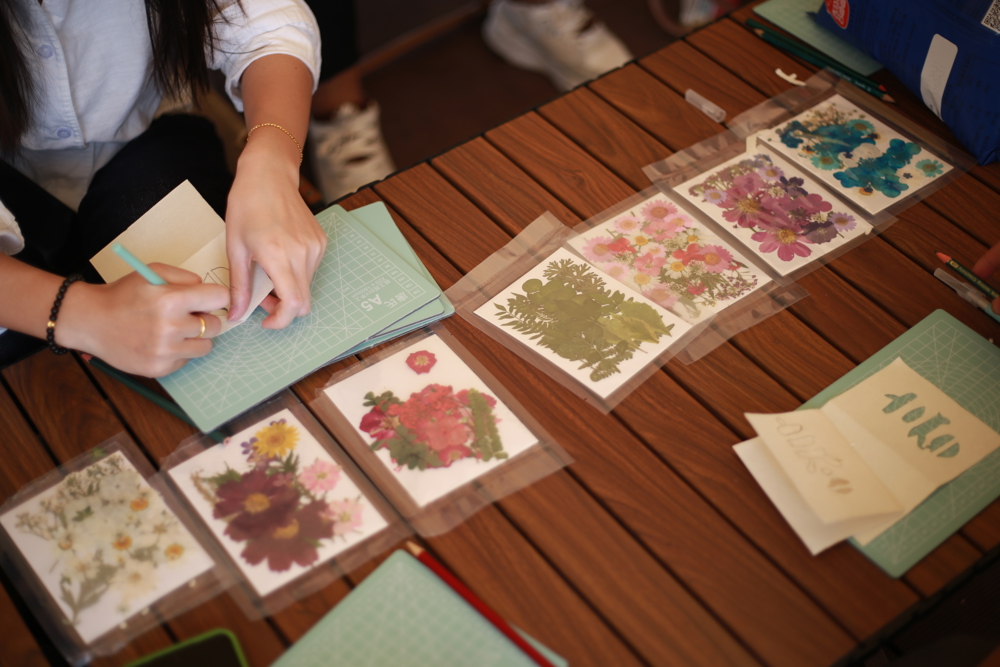 同学们制作手工干花明信片